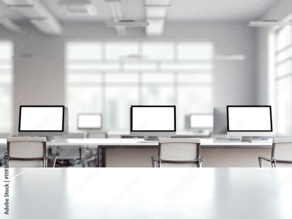 Coworking office interior with multiple computer screens. 3d rendering Coworking office interior with multiple computer screens. 3d rendering
