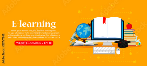 Education and online learning concepts. Online training courses, distance training, e-learning. Web banner, vector illustration flat design