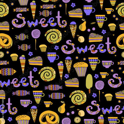 Hand drawn sweets and candies set. Colorful Vector Seamless Pattern.