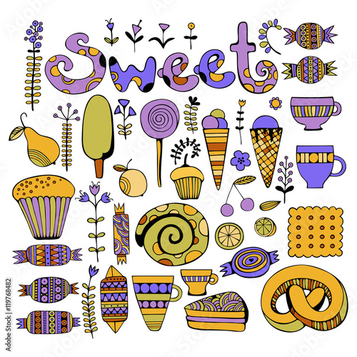 Hand drawn sweets and candies set. Colorful Vector illustration.
