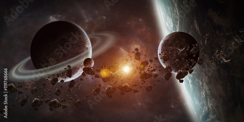Fototapeta Naklejka Na Ścianę i Meble -  Sunrise over distant planet system in space 3D rendering element