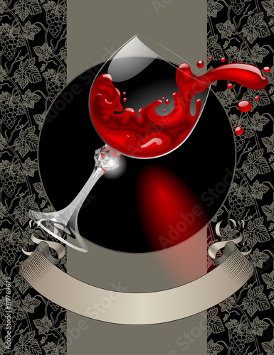 Wine list with wineglass, red splashed wine, vintage ribbon