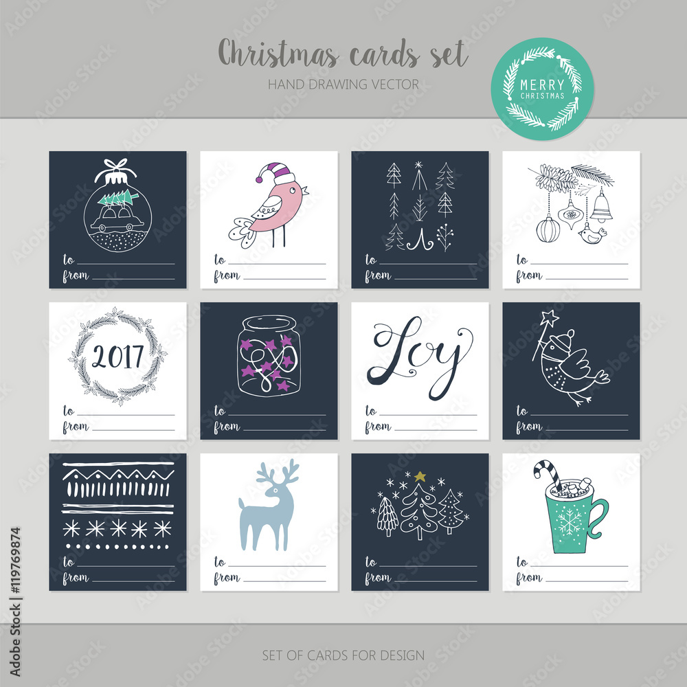 Christmas greeting card set with cute hand drawing elements. Iso