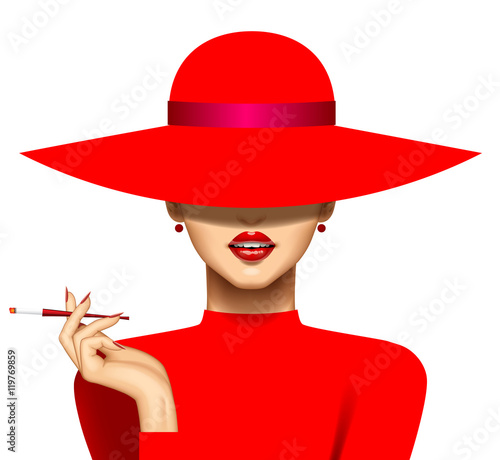 Woman with a cigarette in red hat and evening dress photo
