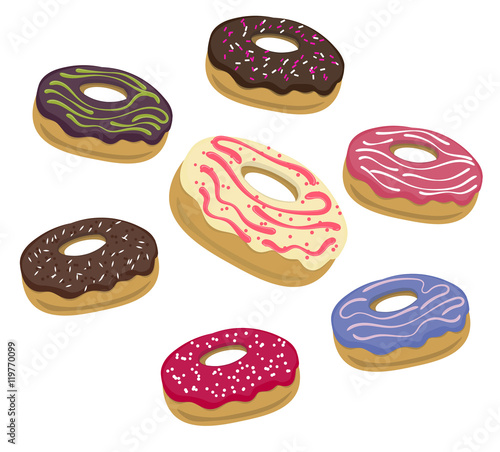 isolated set of donuts placed on white background. sweet glazed donut. flat design. side view
