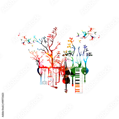Music instruments template vector illustration, colorful guitar, microphone, piano keyboard, saxophone, trumpet, violoncello, contrabass, banjo, traditional Portuguese guitar, mandolin, music stand