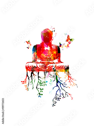Colorful Gautama Buddha sitting in meditation, waiting for Nirvana, vector illustration, butterflies decorated. Buddha illumination template, buddhism inspired background with  buddha statue and trees