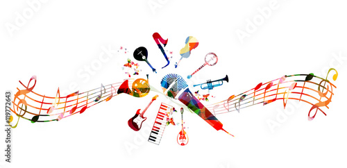 Creative music style template vector illustration, colorful guitar, microphone, piano keyboard, french horn, saxophone, trumpet, violoncello, contrabass, banjo, traditional Portuguese guitar, bouzouki