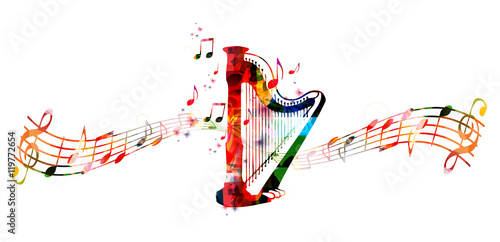 Creative music style template vector illustration, colorful concert harp, music instrument with music staff and notes background. Design for poster, brochure, concert, music festival, music shop