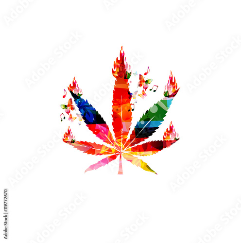 Creative marijuana leaf  with fire flames vector illustration, colorful cannabis foliage background, hemp plant template, alternative herbal medicine, medical marijuana and cannabis legalization