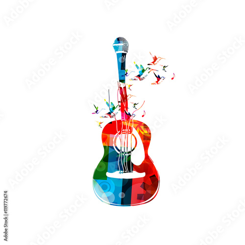 Creative music style template vector illustration, colorful acoustic guitar with microphone, string music instrument with hummingbirds background. Design for poster, concert, music festival, shop