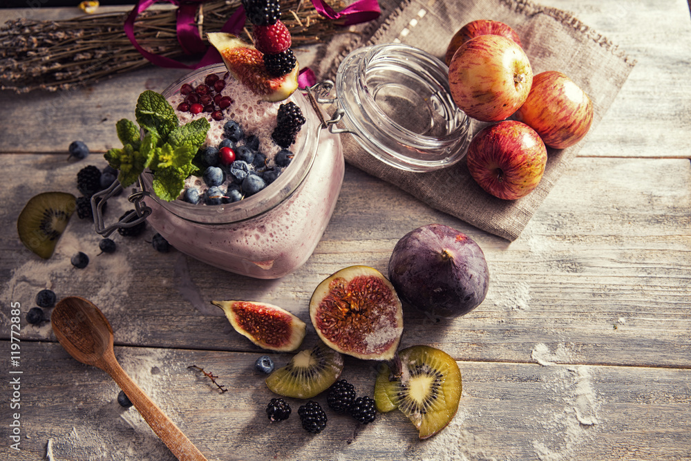 bright detox smoothie with berries on wooden background bowl bright detox smoothie with berries on wooden background bowl