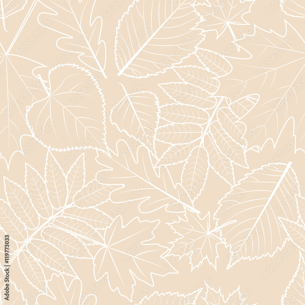 Fototapeta premium Light beige background with outline hand drawn autumn leaves. Vector fall seamless pattern. Design concept for fabric, textile print, wrapping paper or web backgrounds.