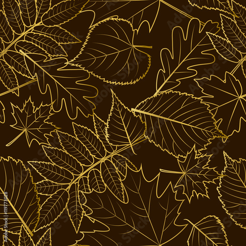 Vector seamless pattern. Golden outline autumn leaves on black background. Fall illustration. Luxury design concept for fabric design, textile print, wrapping paper or web backgrounds.