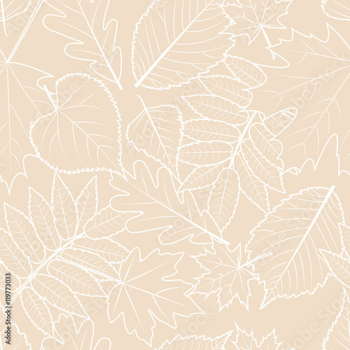 Light beige background with outline hand drawn autumn leaves. Vector fall seamless pattern. Design concept for fabric, textile print, wrapping paper or web backgrounds.