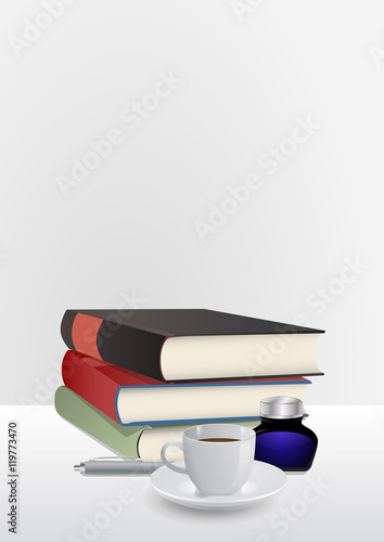 books, pen and coffee