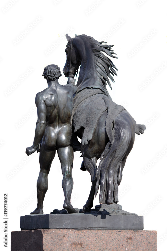 Fototapeta premium Statue of a horse and the equestrian isolated on the white back