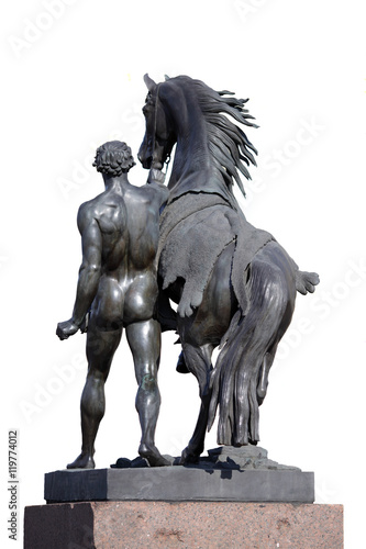 Statue of a horse and the equestrian  isolated on the white back