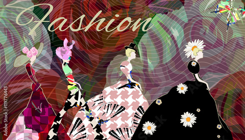 Abstract sketch girl model, dress, suit, floral hat, text Fashion, show week, pattern (tartan, checkerboard, dots, rose, daisy, butterfly),