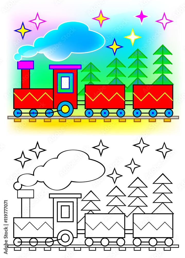 Colorful and black and white pattern train, vector cartoon image. Stock