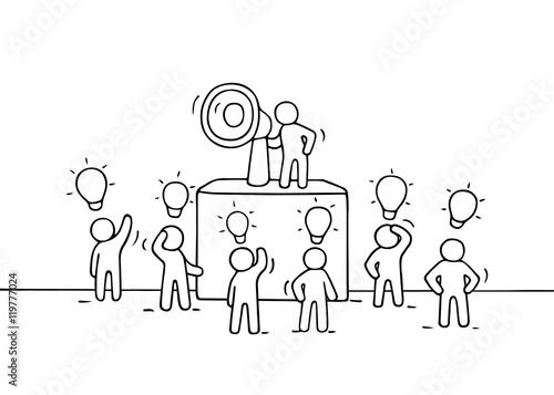 Sketch crowd of little people with lamp idea.