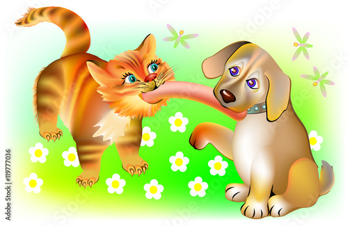 Illustration of cat and dog biting one sausage, vector cartoon image.