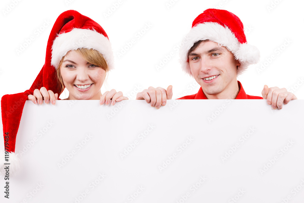 Couple with blank empty banner board. Christmas Couple with blank empty banner board. Christmas