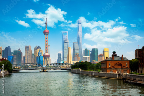 Shanghai skyline with historical Waibaidu bridge  Shanghai  China