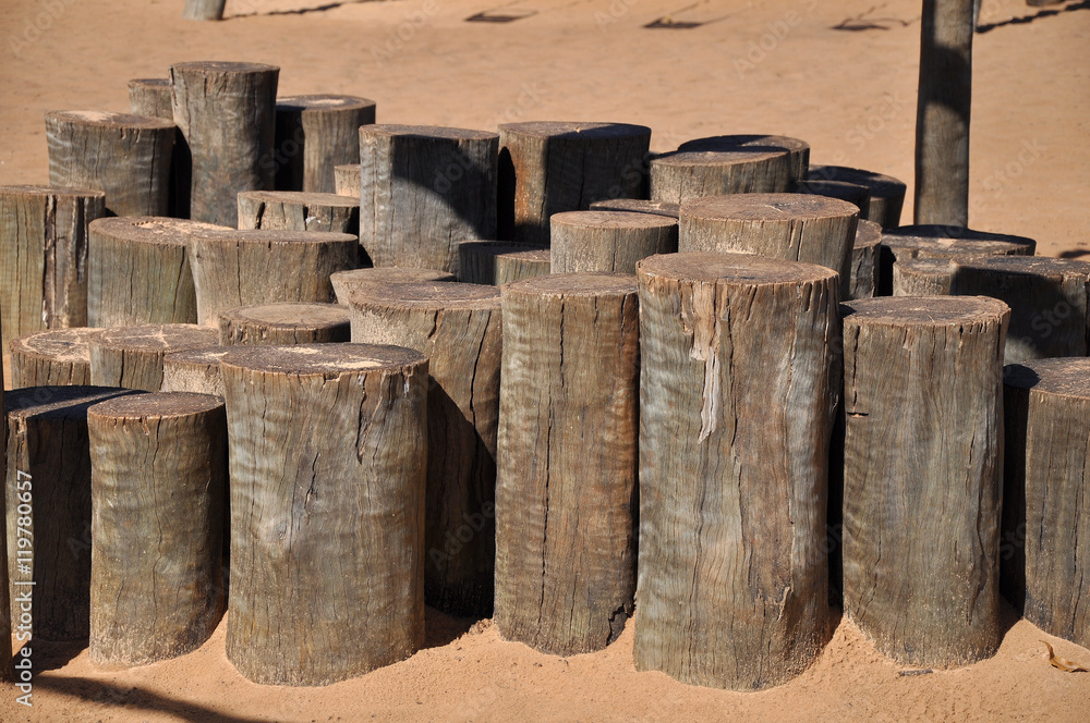 Wooden trunks nailed in the sand at amusement park