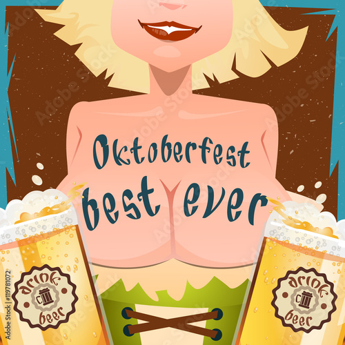 Oktoberfest Festival Girl Waitress Hold Beer Mug Glasses