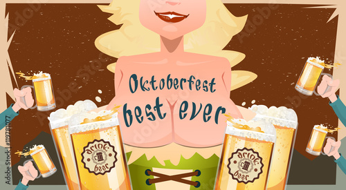 Oktoberfest Festival Girl Waitress Hold Beer Mug Glasses