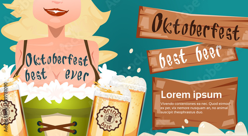 Oktoberfest Festival Girl Waitress Hold Beer Mug Glasses