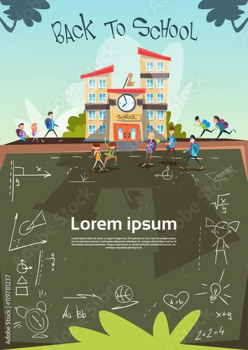 Schoolchildren Group Go To School Class Board Banner