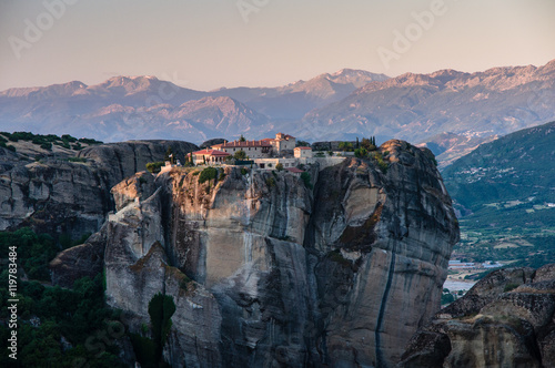 monasteries of Meteora valley in sunrise photo