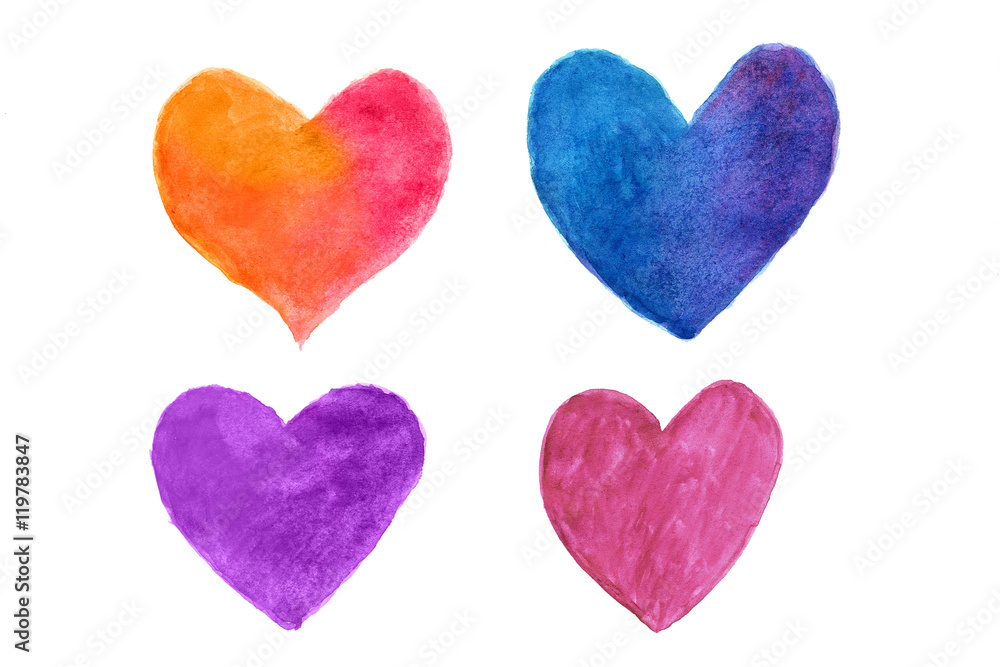 Multi-colored hearts in watercolor