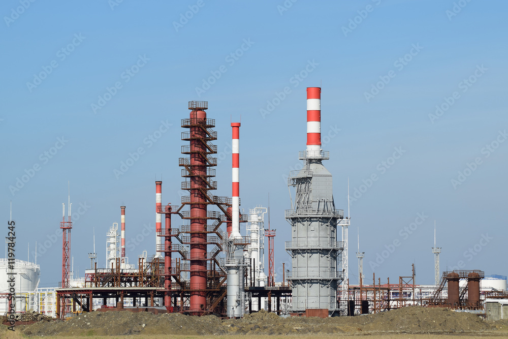 Distillation columns, pipes and other equipment furnaces refinery.