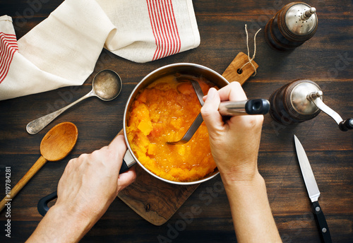 Preparing pumpkin puree. photo