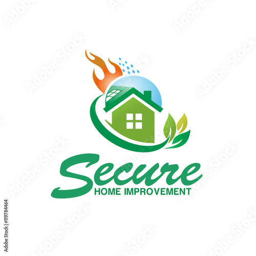 secure House fire logo design. Flame home insurance vector symbol
