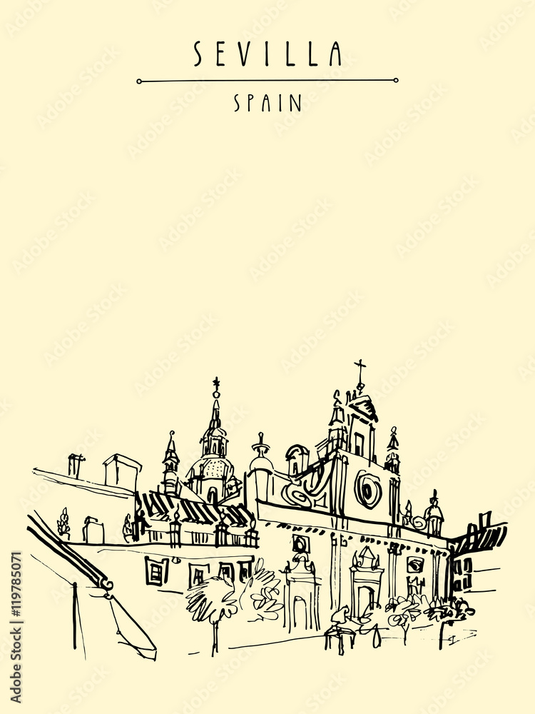 Fototapeta premium Church of El Salvador in Seville, Andalusia, Spain, Europe. Spanish historical building, Baroque style, 17-18th century.Travel sketch. Handdrawn book illustration, touristic postcard or poster