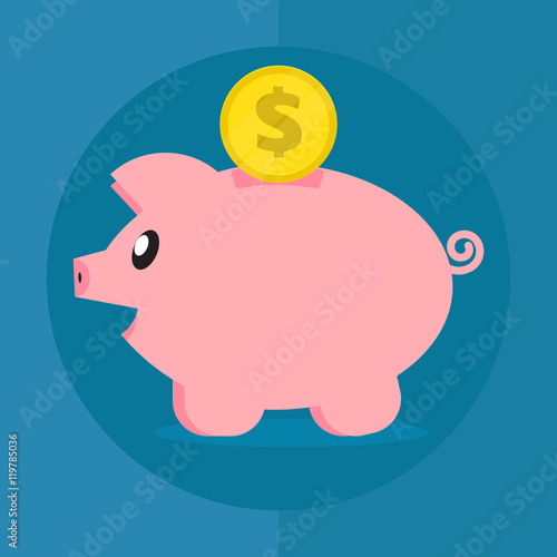 Happy pig piggy bank and coin. Flat style. Icon