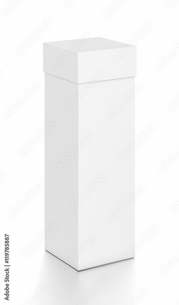 White tall vertical rectangle blank box with cover from top front side angle. White tall vertical rectangle blank box with cover from top front side angle.
