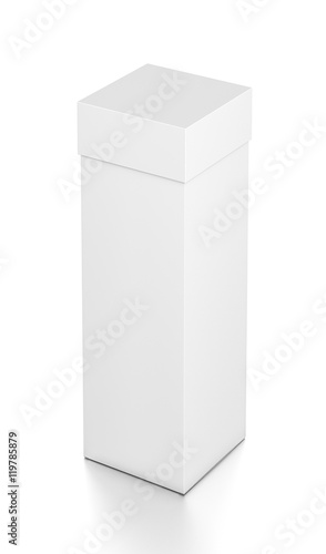 White tall vertical rectangle blank box with cover from top far side angle. © Mockup Cake
