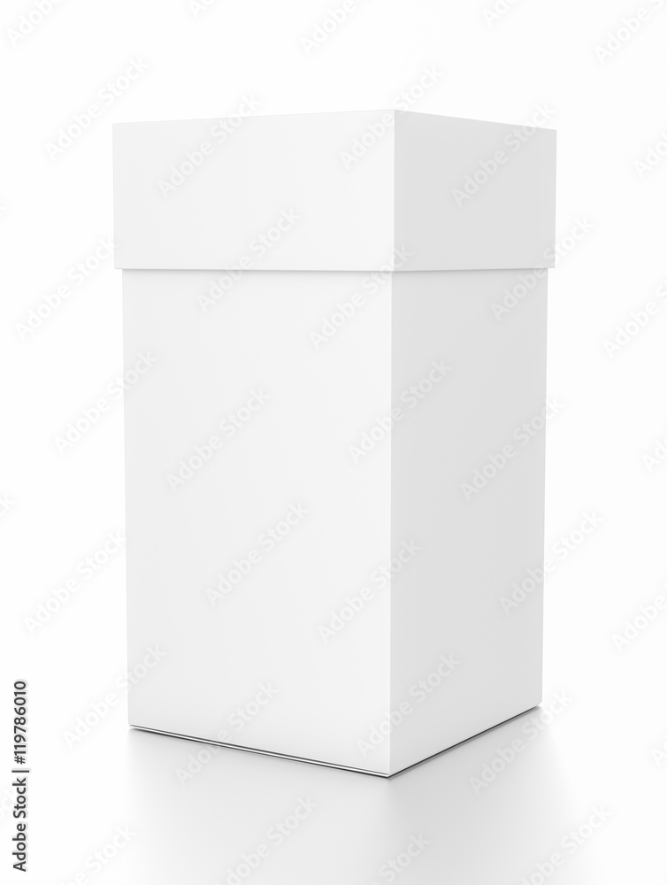 White vertical rectangle blank box with cover from side angle. White vertical rectangle blank box with cover from side angle.