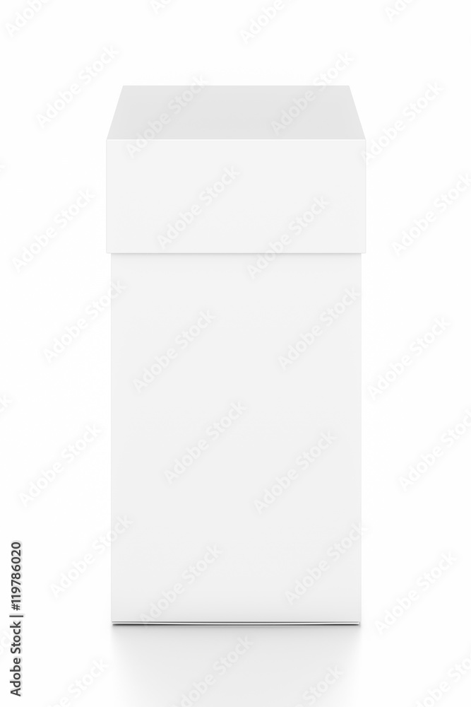 White vertical rectangle blank box with cover from top front angle. White vertical rectangle blank box with cover from top front angle.