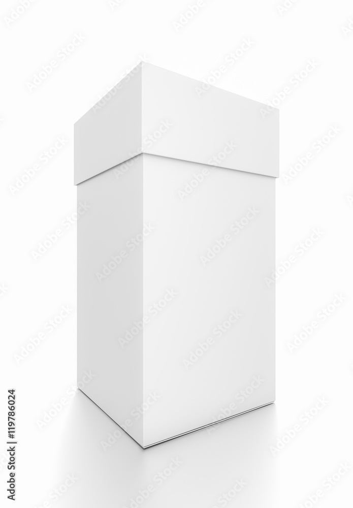 White vertical rectangle blank box with cover from front side angle. White vertical rectangle blank box with cover from front side angle.