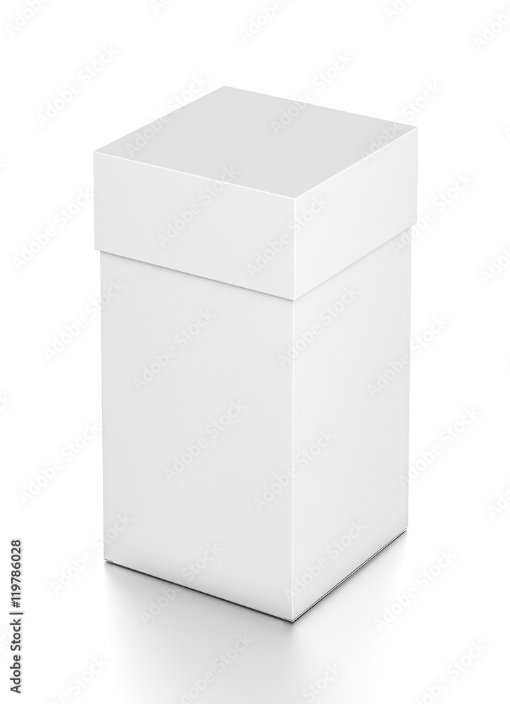 White vertical rectangle blank box with cover from top far side angle. White vertical rectangle blank box with cover from top far side angle.