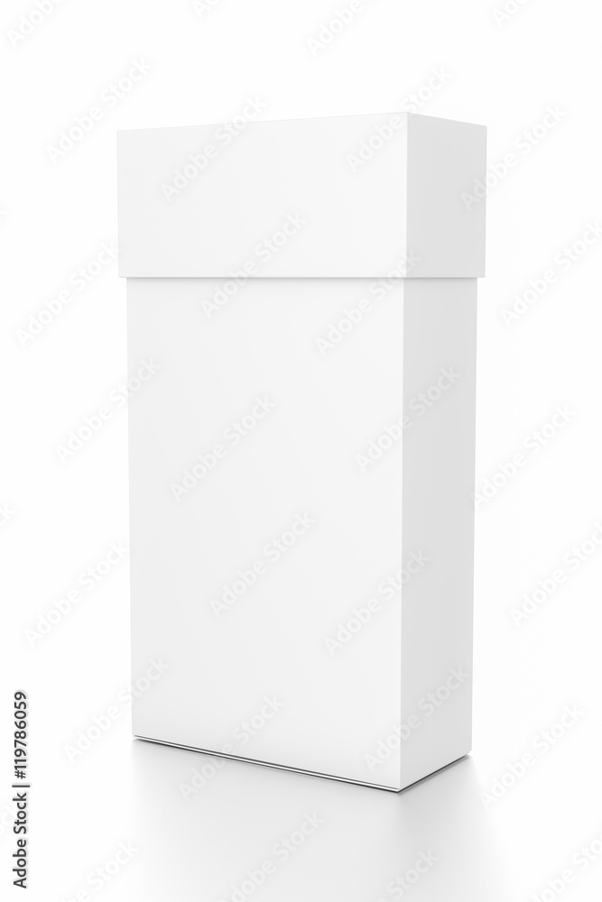 White thin vertical rectangle blank box with cover from side angle. White thin vertical rectangle blank box with cover from side angle.