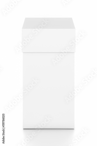 White vertical rectangle blank box with cover from top front angle.
