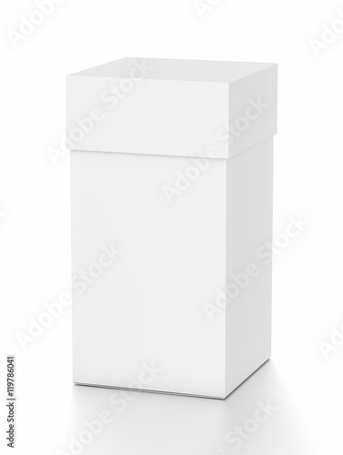 White vertical rectangle blank box with cover from top front far side angle.