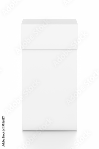 White thin vertical rectangle blank box with cover from top front angle.